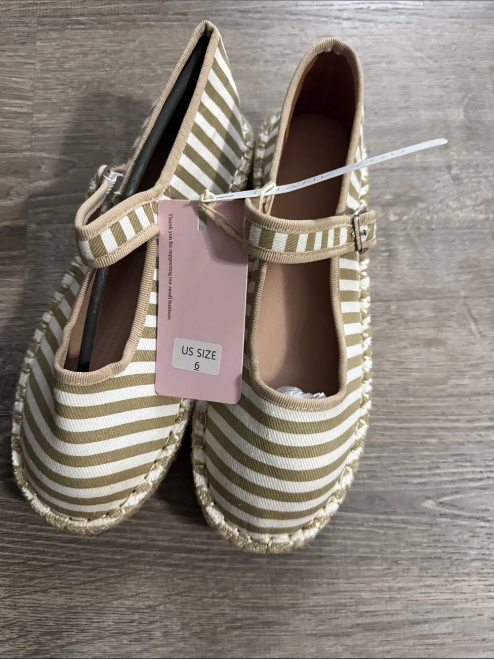 Striped Mary Jane Espadrille Flats in Beige and White